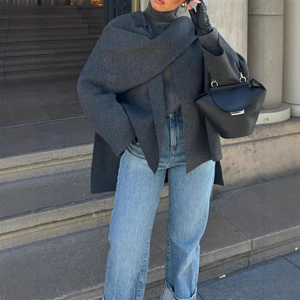 Oversized Knit Cape Cardigan – Long Sleeve Open Front Wrap Coat With Scarf Collar, Cozy Fall & Winter Layering Piece In Charcoal, Brown, Wine