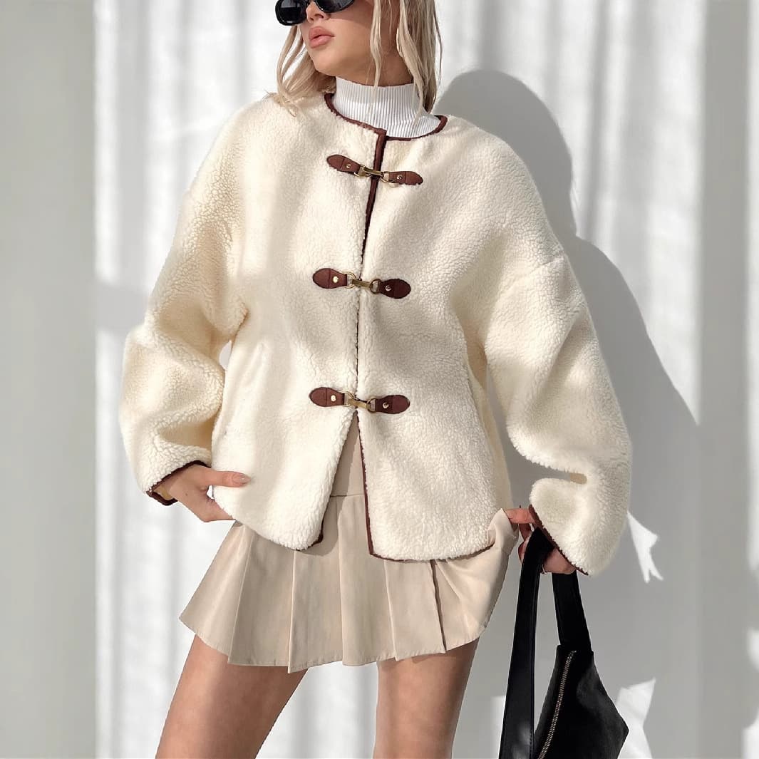 Women's Clothing autumn and winter thick plush leather button round neck long sleeve short style fashionable temperament coat