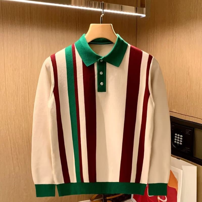 Men's Clothing Striped contrast color lapel long sleeved Polo shirt for men autumn and winter fashion versatile casual knitted sweater top trend