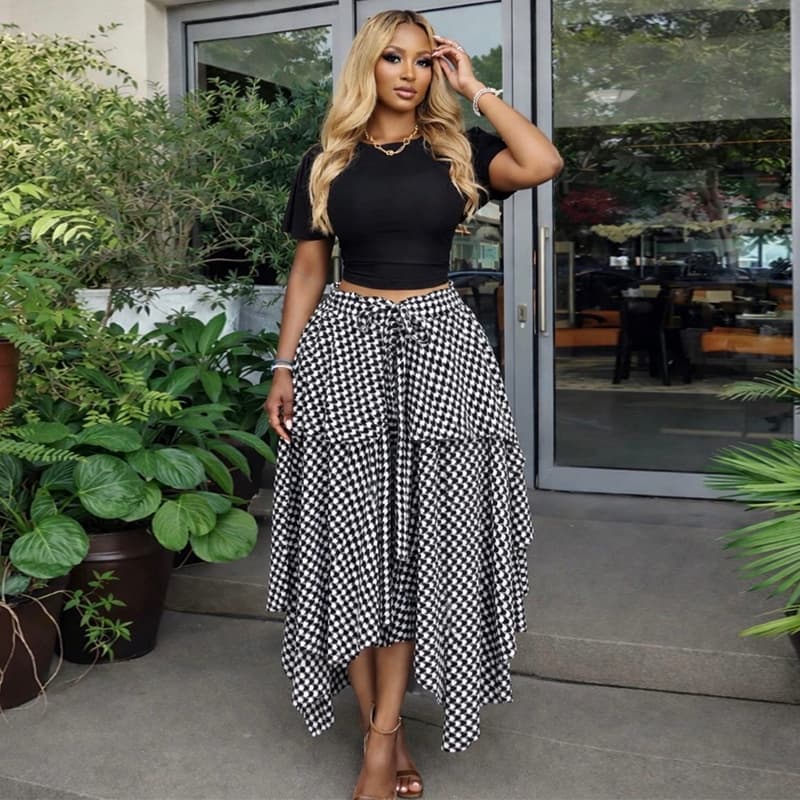 Sweetheart A-Line Midi Skirt – High Waist Wrap Tie Plaid Skirt For Women (Black Houndstooth/Black/Red/Blue/Mustard/Gray, S-2xl, Summer Essential)