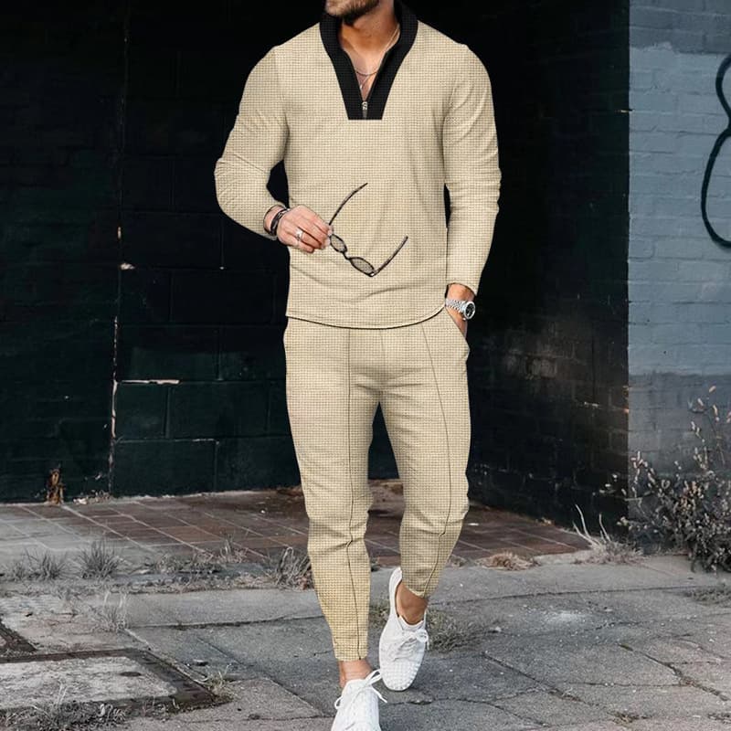 ​​Men’s Retro Contrast Waffle Long Sleeve Shirt & Pants Set – Loose Fit, Casual Henry Collar, Spring & Autumn Outfit