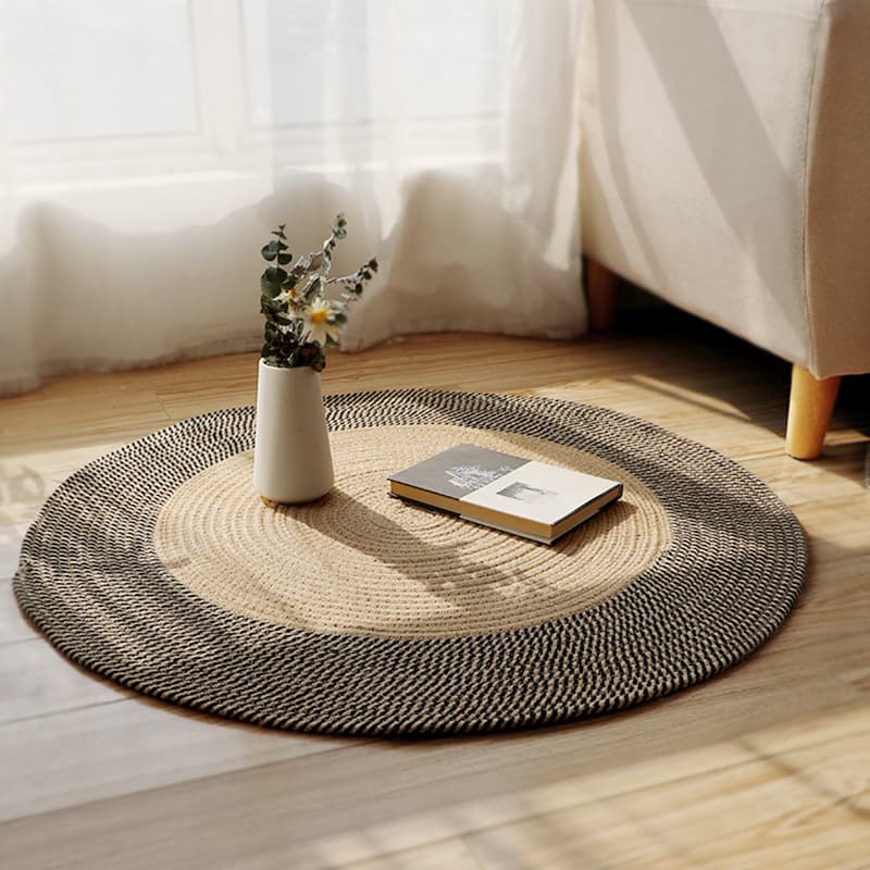 Woven Rug - Vintage Round Floor Mat For Bedside & Sofa (Boho Chic, Natural Fiber, Non-Slip Backing, Ready To Ship)