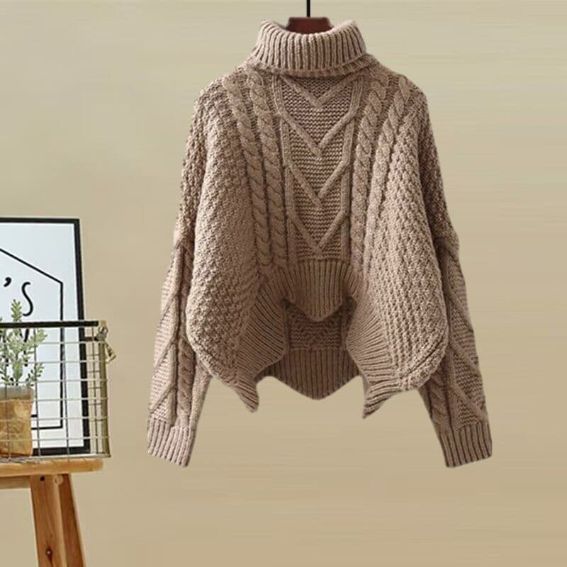Ensemble deux pièces pour femme : pull à col roulé en maille et jupe amincissante. Collection automne-hiver.
