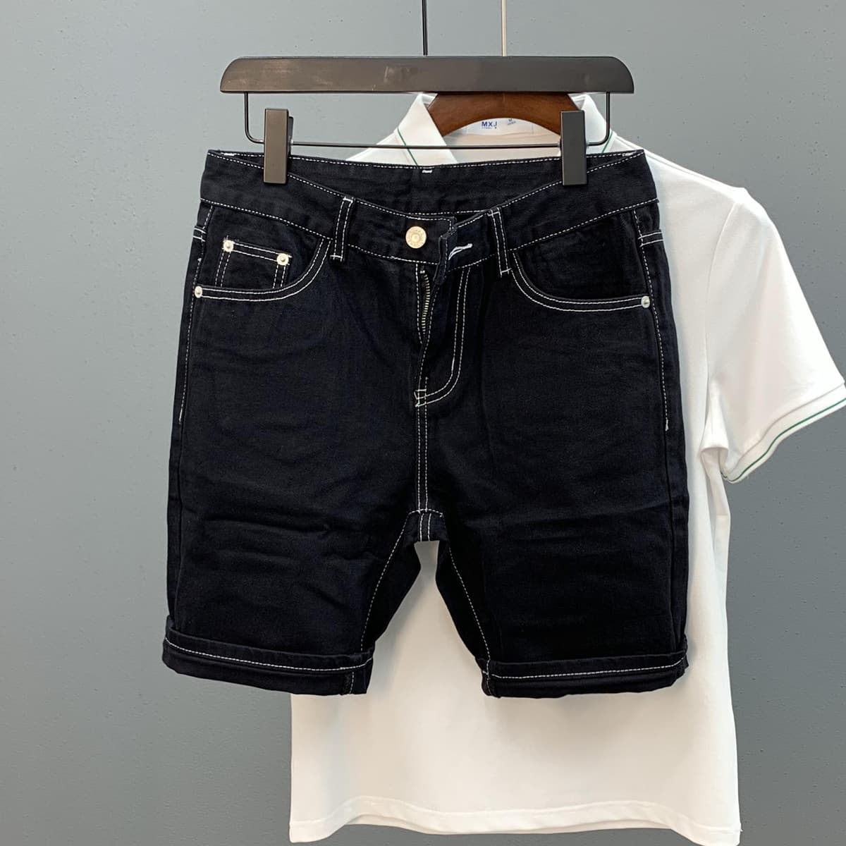 Men's Washed Denim Shorts – Mid-Thigh Casual Cotton Stretch Cargo Shorts (White/Black, 28-36, 65% Cotton, Relaxed Fit)