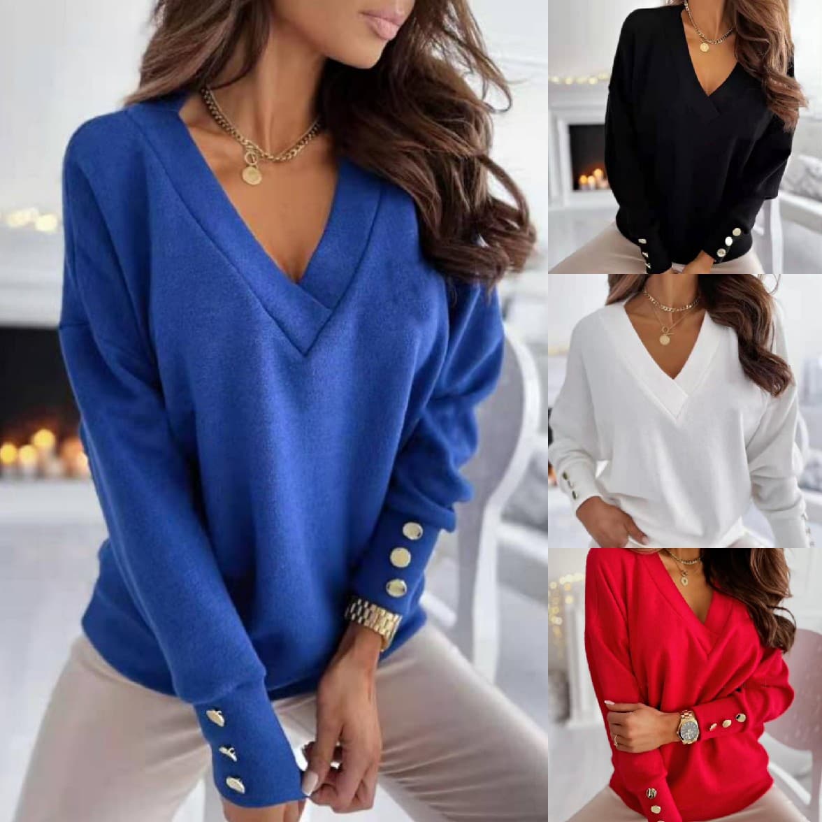 Women's Clothing Cuff Button Decoration V-neck Casual Sweater Long Sleeve Bottoming Top