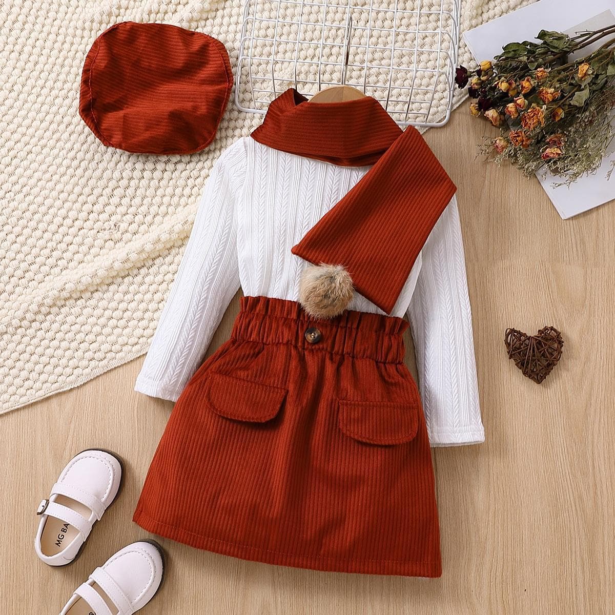 Mother & Kids Girls' Fashion Long Sleeve Dress Set With Pom Pom Scarf & Beret (4-Piece Outfit) – Soft Cotton Blend, Cute & Elegant​