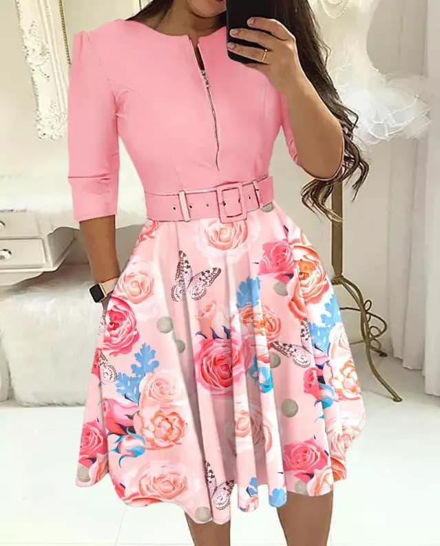 Women's Clothing temperament elegant waist zipper mid length sleeve printed large swing dress