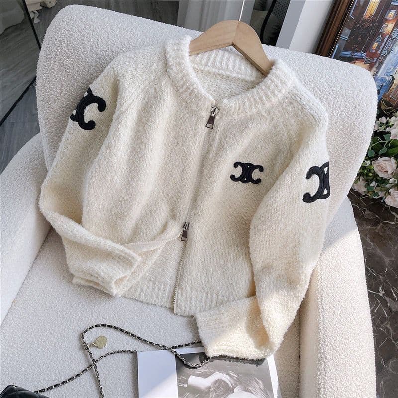 Pull en maille brodée Marsimari Triomphe pour femme, nouveau cardigan élégant à fermeture éclair automne/hiver