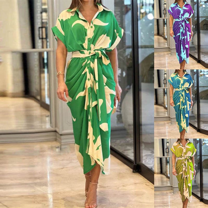 Women's Commuter Wear Printed Lapel Short Sleeve High Waist Long Shirt Dress