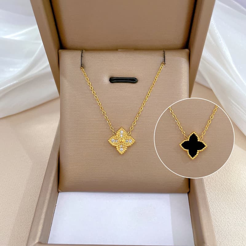 [Full body titanium steel] Full diamond four leaf flower minimalist wind furnace genuine gold necklace, female ins mesh