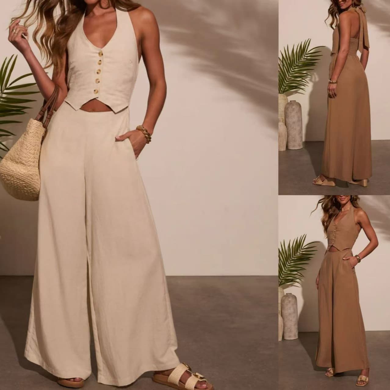 2025 Spring And Summer New Fashion Trend Solid Color Linen Sleeveless Vest Wide Leg Trousers Suit
