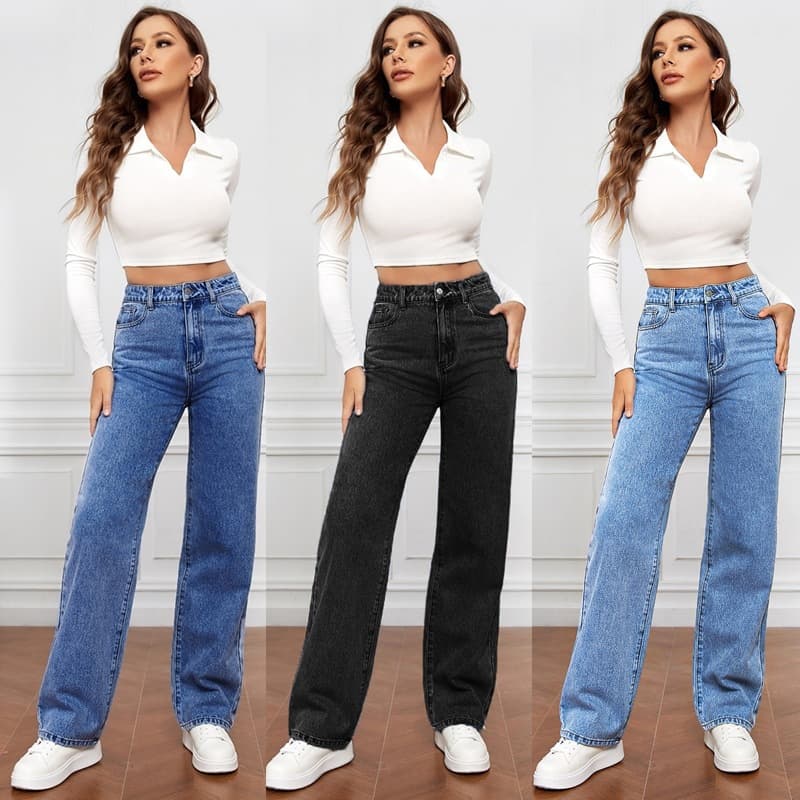 Women's Clothing High Waist Washed Women's Jeans Long Straight Pants