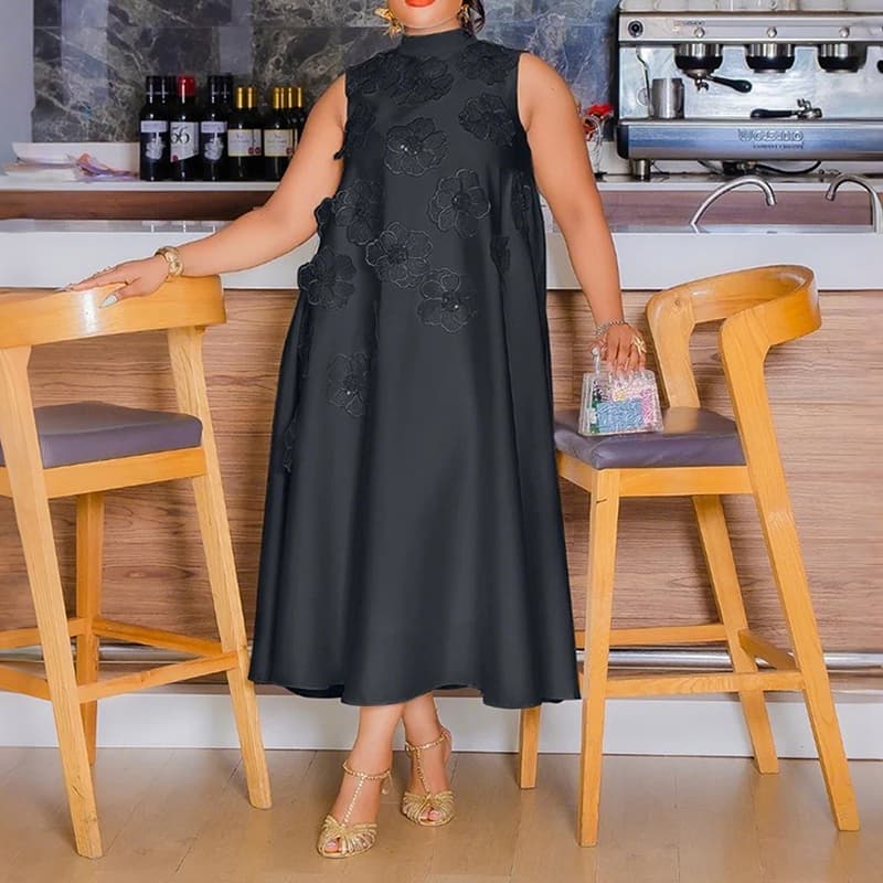 Nouvelle robe d'été 2026, couleur unie, coupe ample, élégante, col rond, plissée, ornée de fleurs, sans manches, robe de banquet ou de cérémo