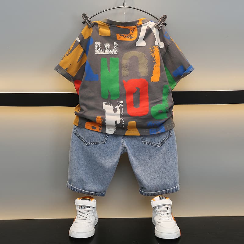 Mother & Kids Boys Summer Clothes Big Letter Short Sleeved Jeans SuitCool Two Piece Clothes