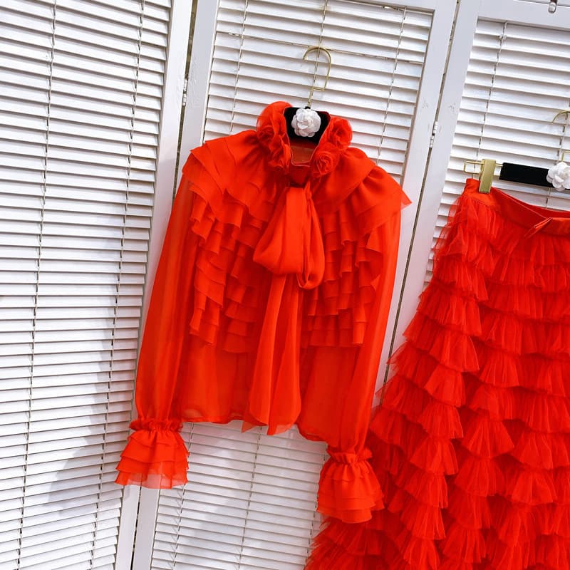Chemise en mousseline à volants pour femme, nouvelle conception de printemps, jupe à gâteau superposée en maille