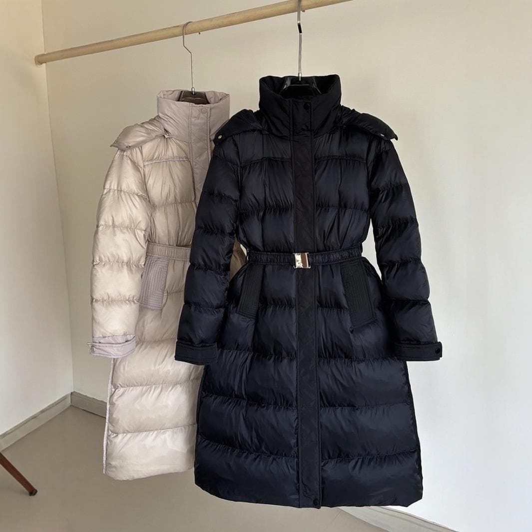 Women's Clothing autumn and winter new Warm jacket cotton jacket for women long slim fit knee length hooded waist slim belt style warm jacket