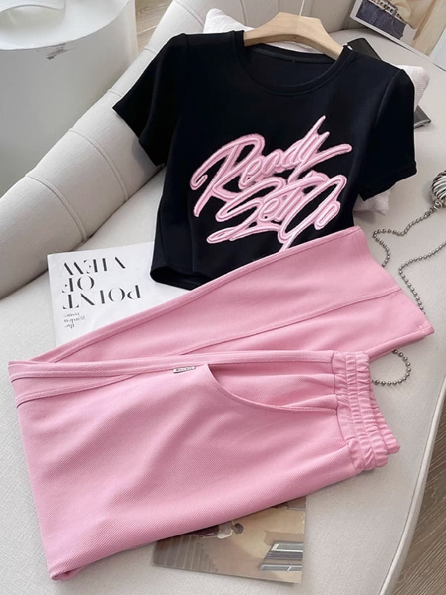 Women's Clothing slim fit tops pink wide-leg pants two-piece college style