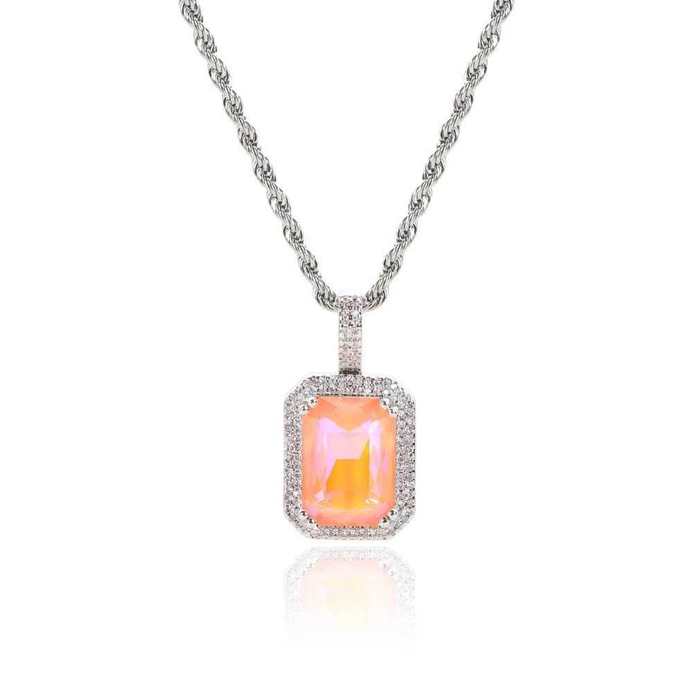 Chain Necklaces Mocha fluorescent square solid zircon colored gem pendant Hip Hop men's and women's micro-inset zircon necklace