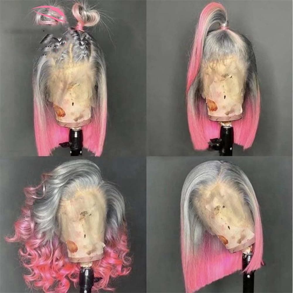 Ombre Pink Bob Wig Lace Front Human Hair Wigs 13X4 Hd Bob Straight Wigs Blue Purple Human Hair Wig gray9 To pink 16inches#360 Frontal Wig 180