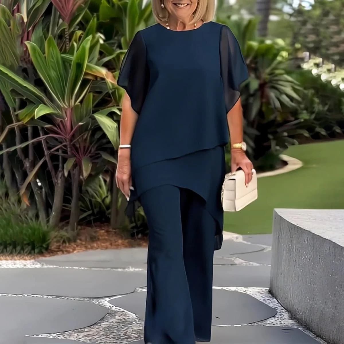 Women's Clothing Temperament Elegant Loose Irregular Round Neck Chiffon Top Set