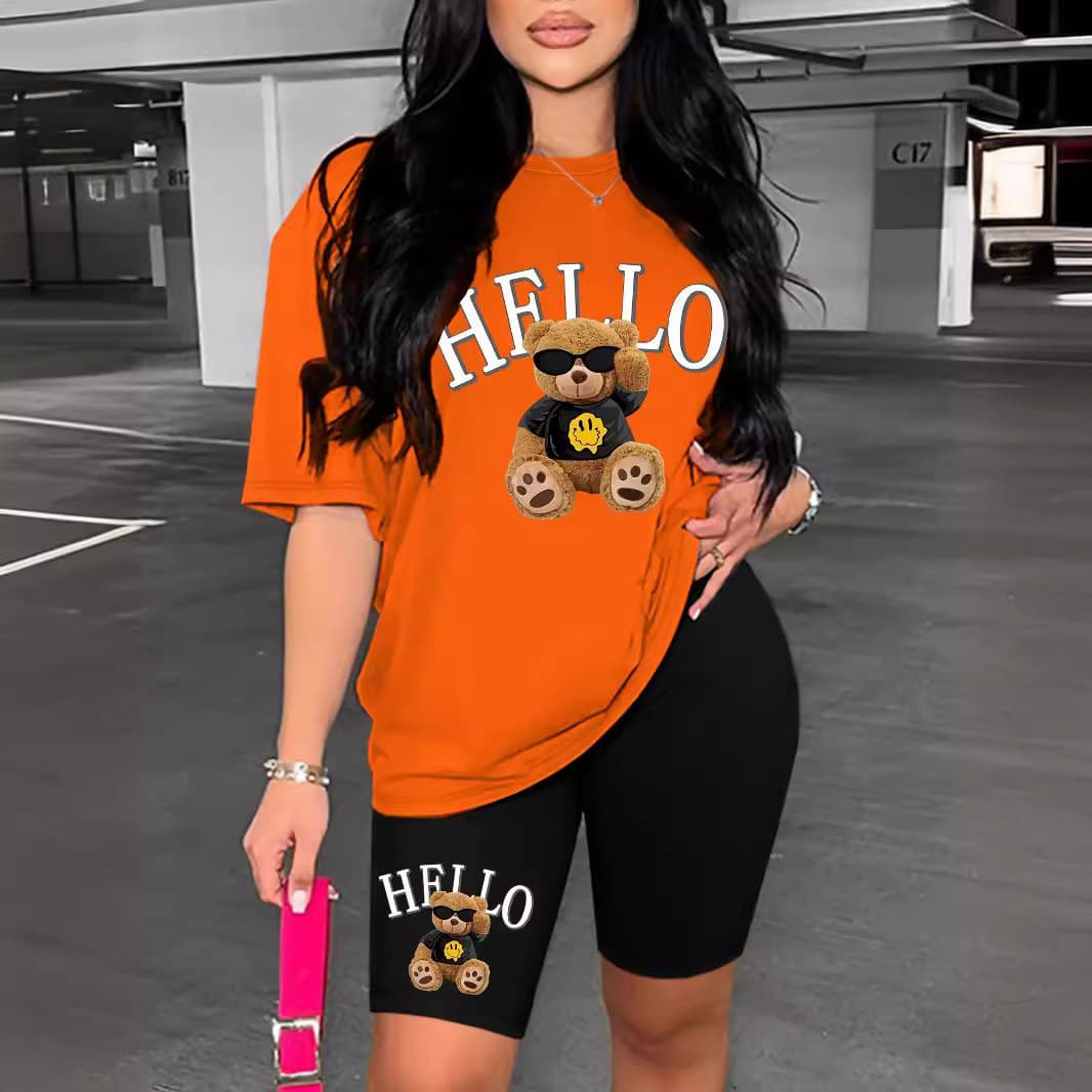 Women's Clothing T Shirt Suit Casual Bear Letter Short Sleeve Letter Printing Sets