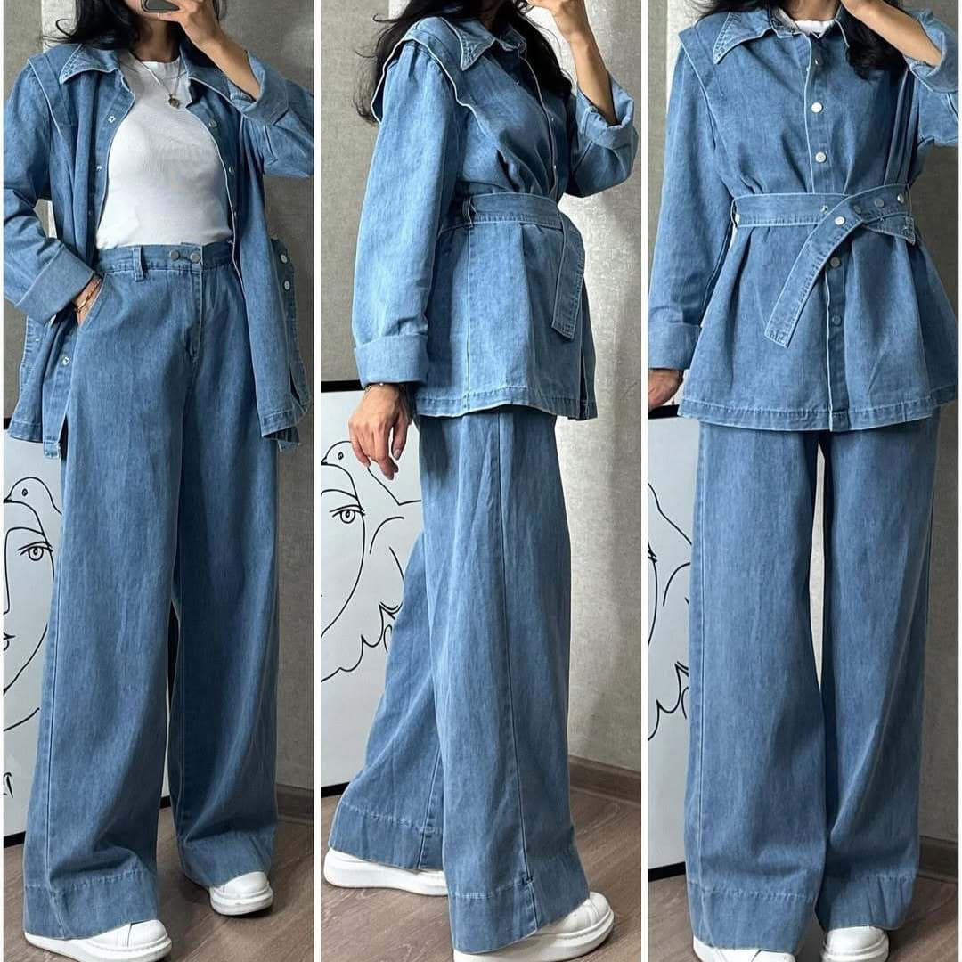 Women's Denim Jacket & Wide-Leg Jeans Set – Stretch Comfort Two-Piece Outfit (Breathable Acrylic Blend, XS-XXXL)