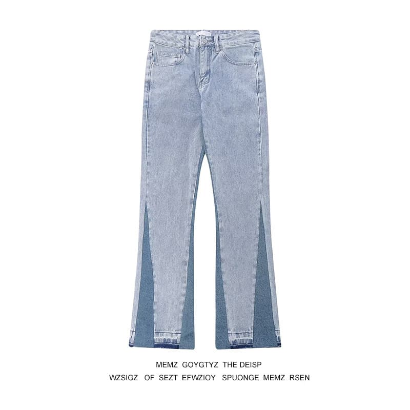 Niche washed and distressed patchwork slimming micro flared jeans, men's trendy American street casual pants