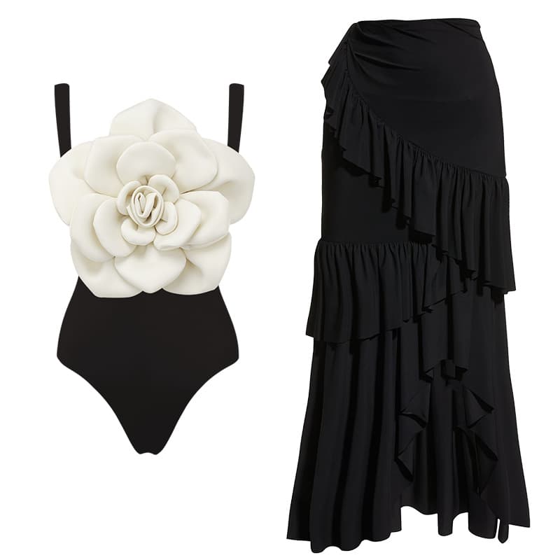women's Large flower decoration on the chest black and white one-piece swimsuit suit