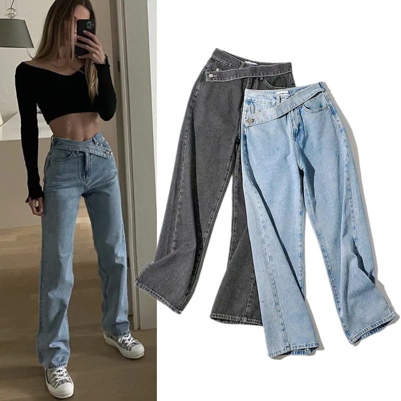 Hot Girl Summer New Fashion Oblique Belt Loose Slim High Waist Wide Leg Straight Jeans Women's Trousers Trend