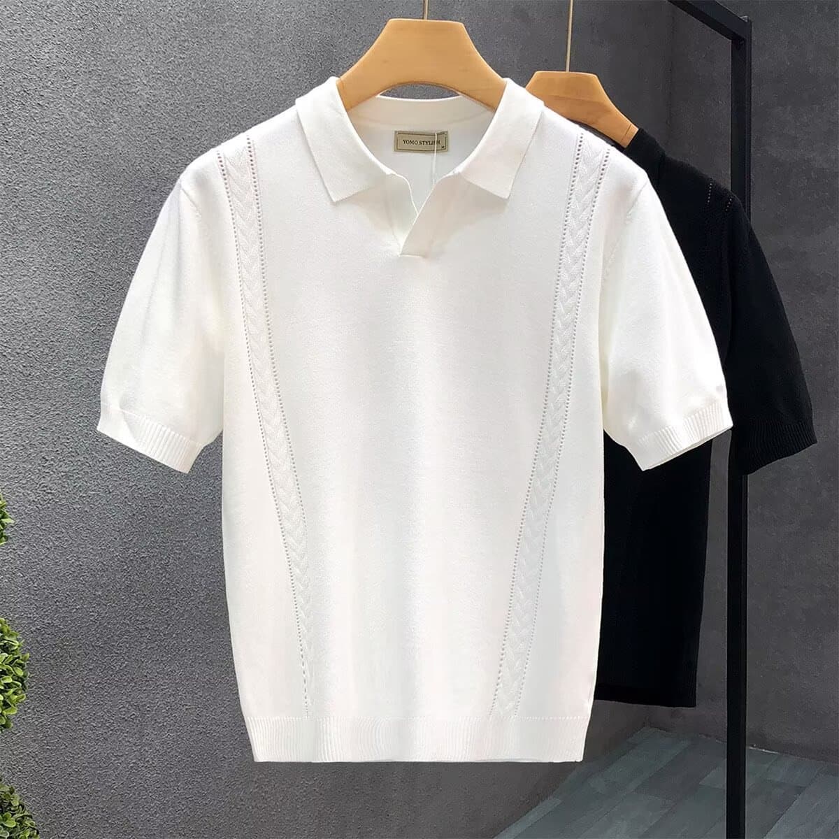 Men's V Neck Polo Shirt Short Sleeve Knitted Sweater Loose Lapel Solid Color Spring Summer Trend T-Shirt