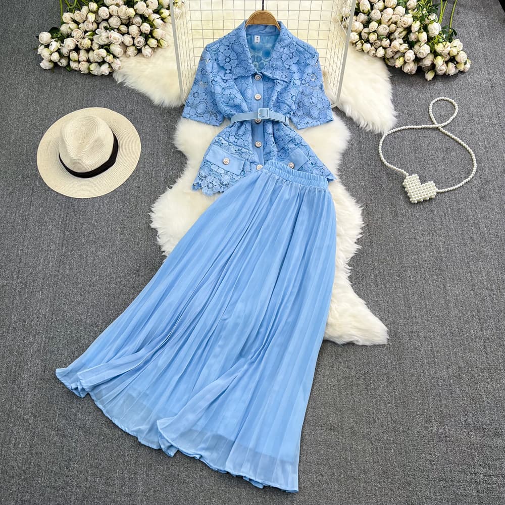 Women's light luxury lapel, loose single-breasted lace shirt, two-piece set, high-waist pleated skirt