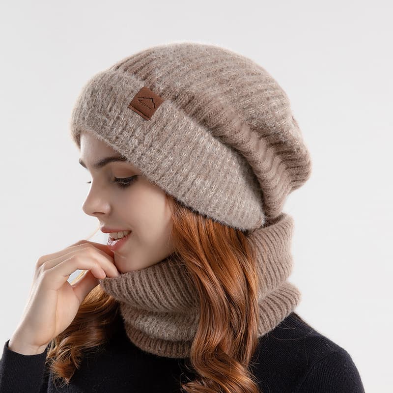 Trapper Hats Winter two-color hat women's thick warm ear-protection woolen hat with velvet neck two-piece knitted hat