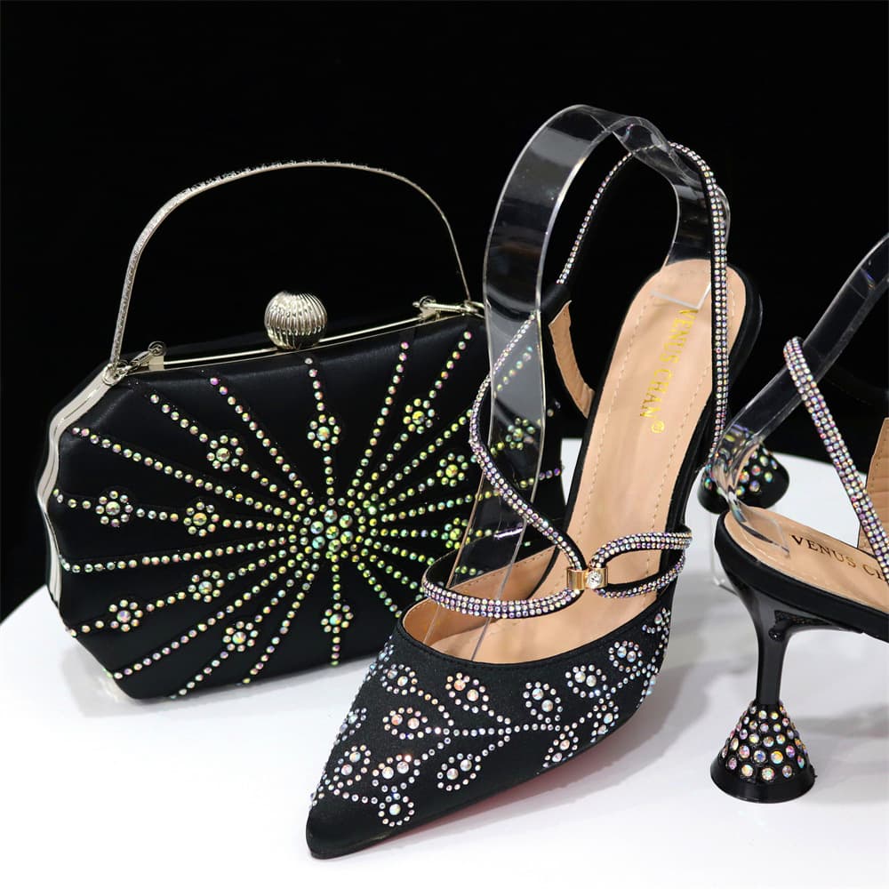 Women's Shoes Classic And Versatile Black Women's Pointed Shoes With Diamond Handbags And French Small Square Box Bags