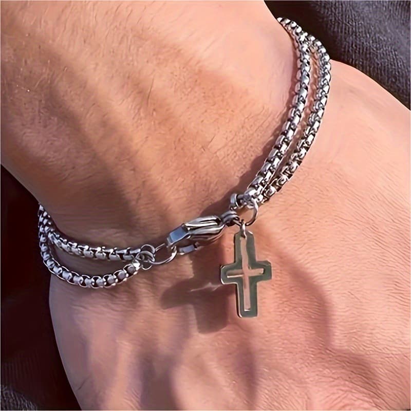 New Style Cross Hollow Chain Titanium Steel Men's Double Layer Personality Bracelet