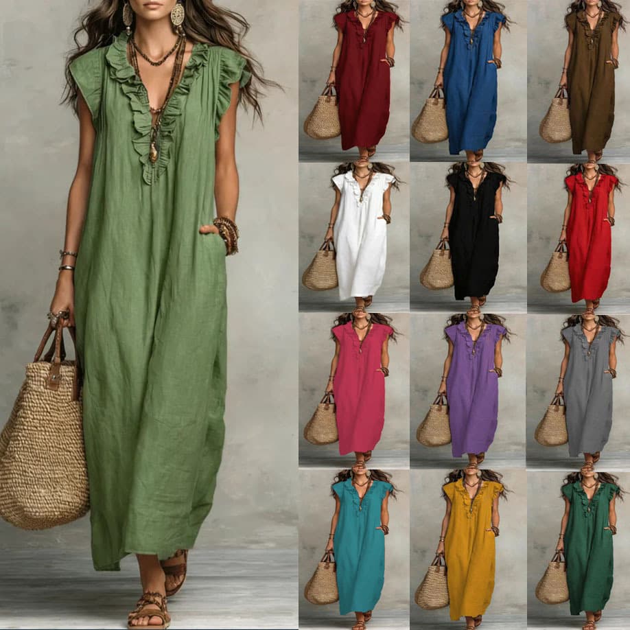 Women's Clothing Summer Casual Long Dress For Women V Neck Ruffled Solid Color Loose Fit With Pockets New European American Style