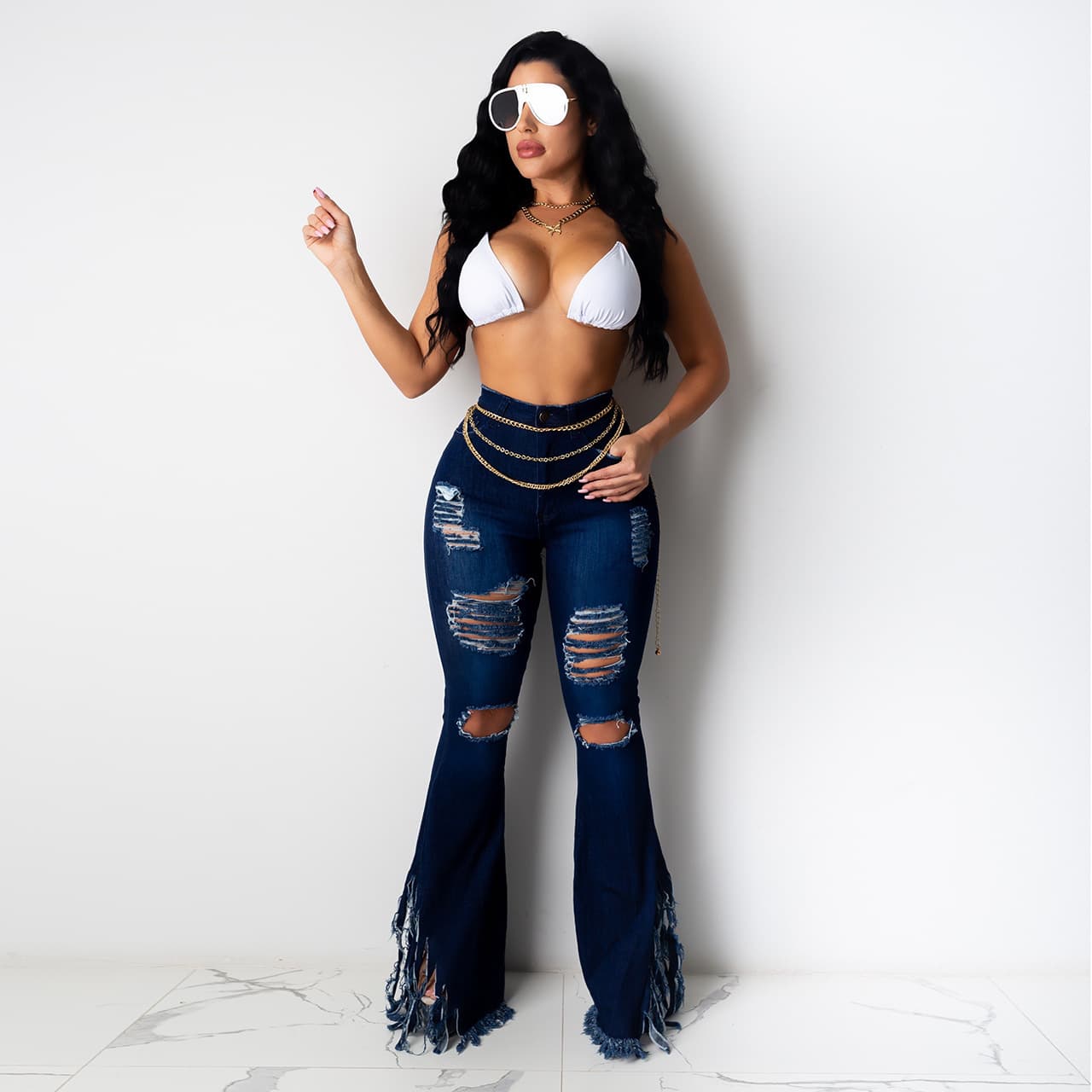 Women's Clothing Ripped Tassel Washed Jeans