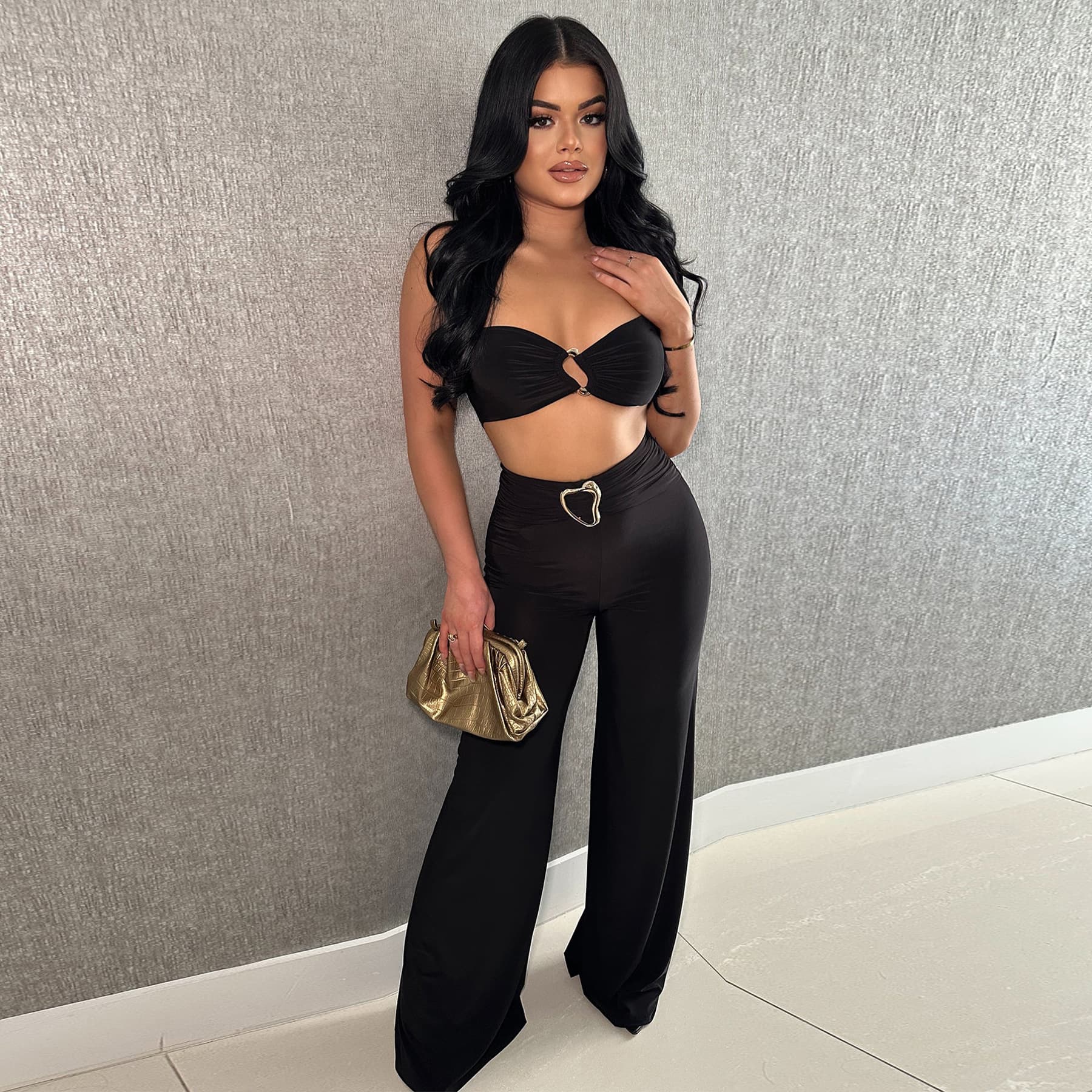 Women's Clothing Summer Hot Sale Decorative Buckle Solid Color Sexy Halter Neck Two Piece Set