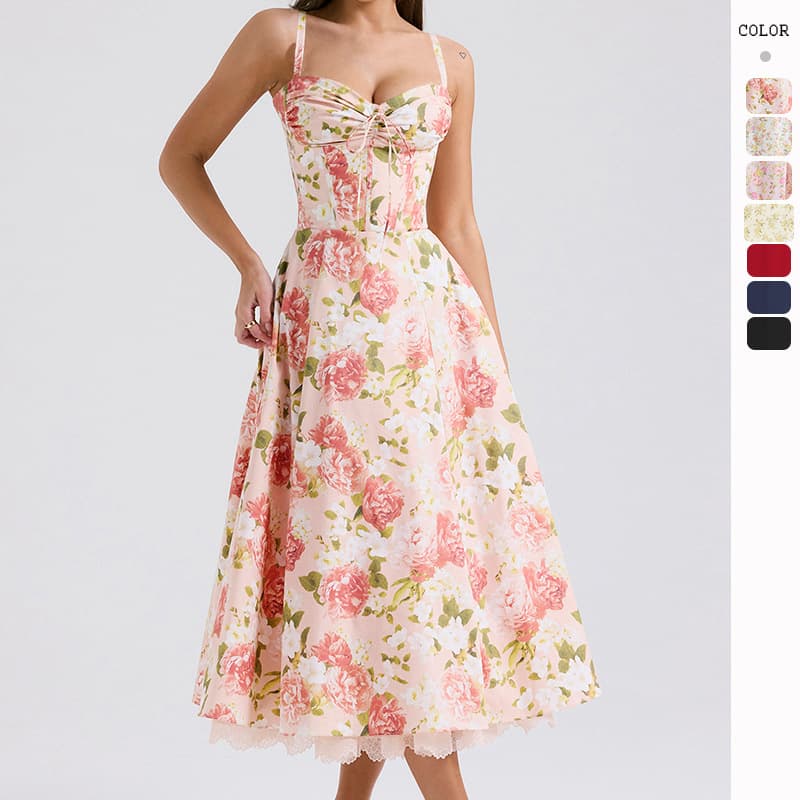 Women's Clothing temperament floral series summer suspender gentle style dress slim floral suspender long dress