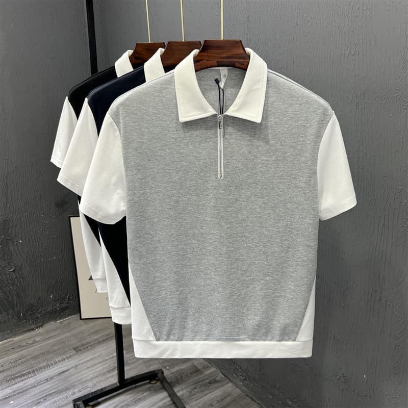 Men's Clothing Summer New Men's Fashion Half Zip Polo Shirt Short Sleeve Slightly Wide Casual Color Matching Half Sleeved T Shirt Trend