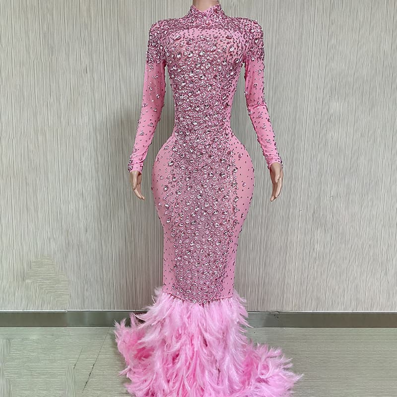 Women's luxury rhinestone mesh stitching feather floor-length dress party dress stage performance clothing