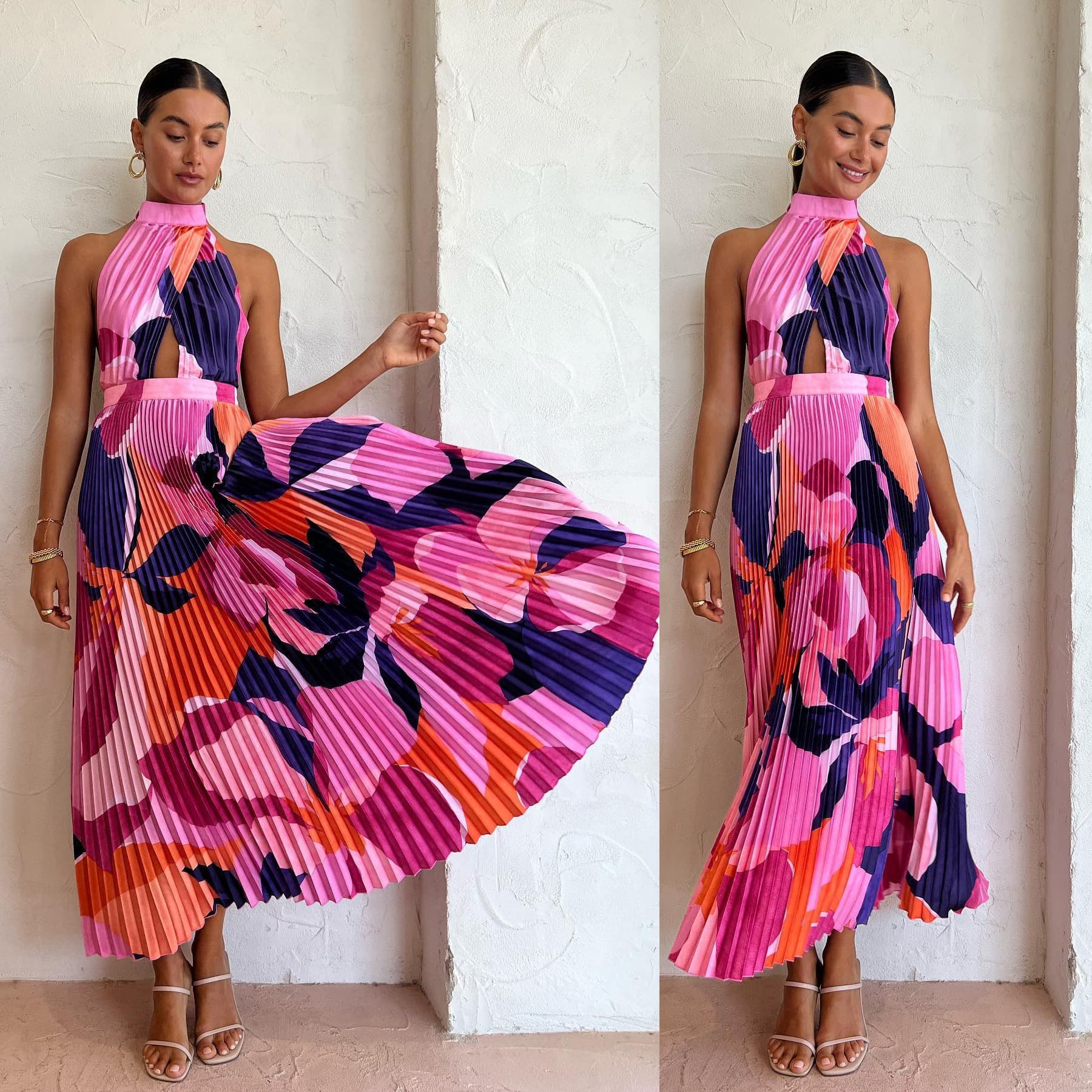 Women's Clothing Halter Neck Pleated Casual Dress Loose Holiday Large Swing Skirt