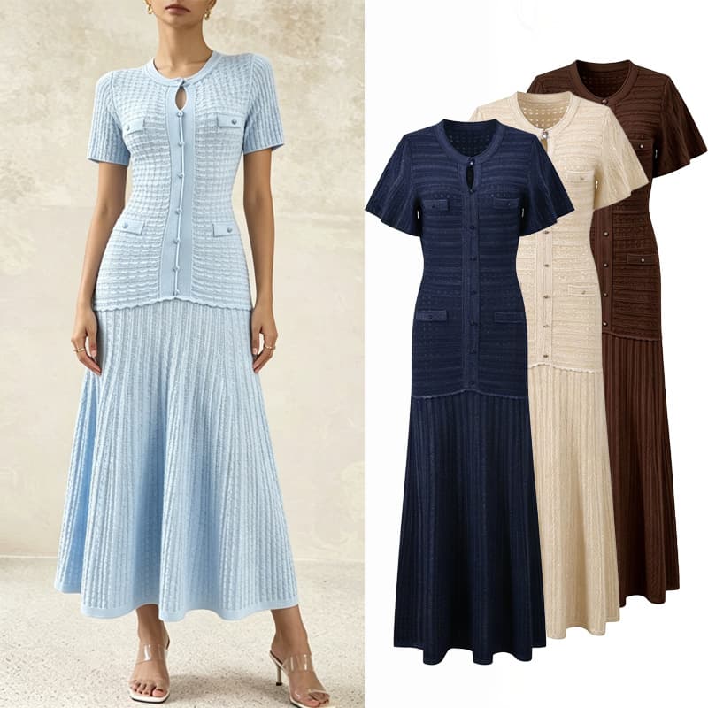 S Brand Women's Elegant round Neck Short Sleeved Dress Slimming Long Knitted Cross Border Summer Fashion Dress