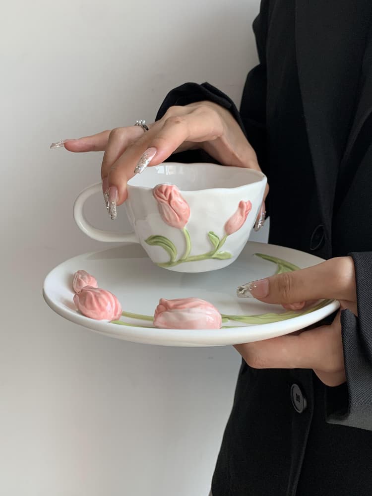 Tulip Ceramic Mug Design Sense 3D Relief Water Breakfast Coffee Household Drinking Cup