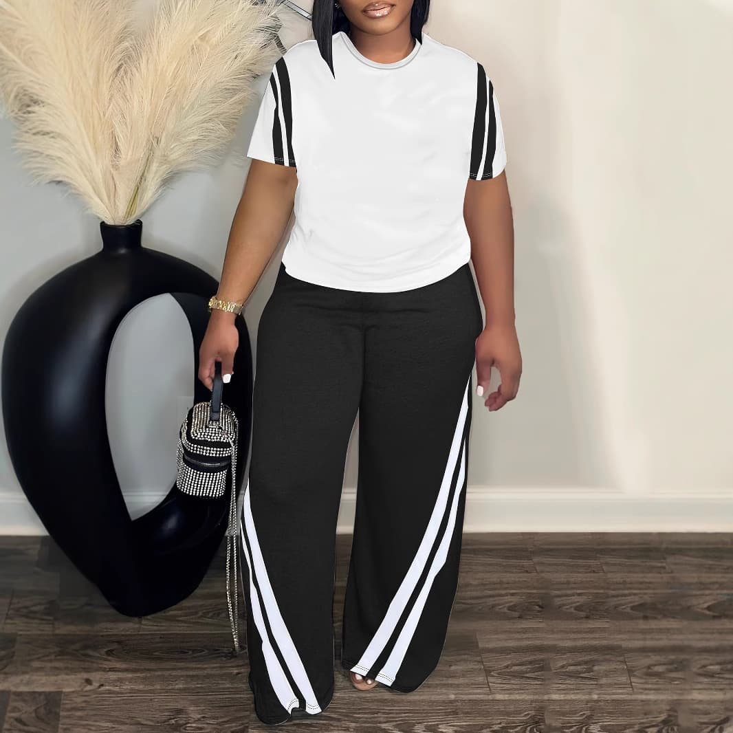 Women's Clothing Large Size Striped Printed Two Piece Round Neck Short Sleeved Top And Pants