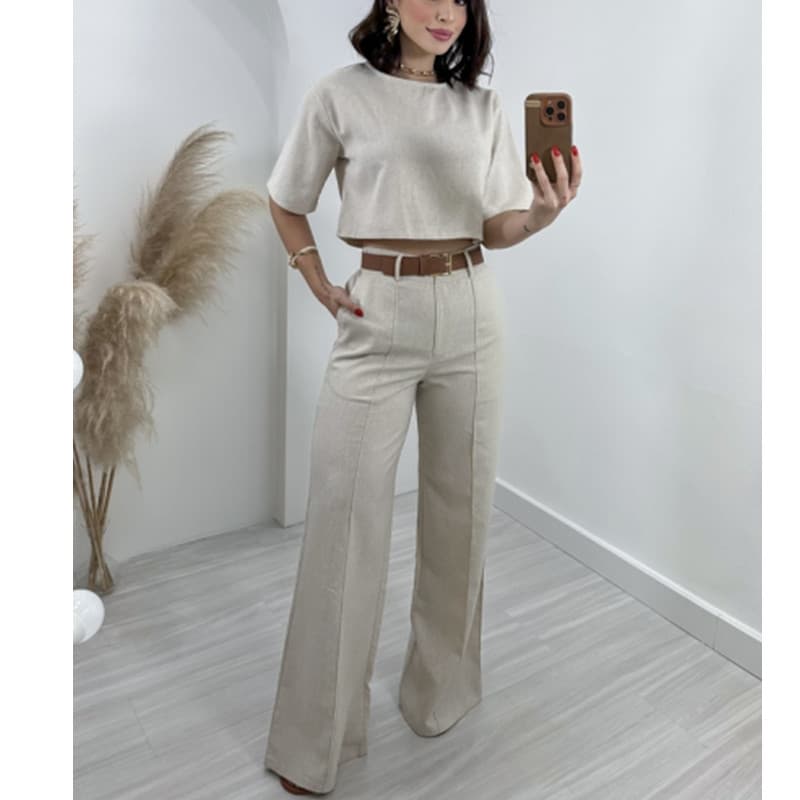 Women's Clothing Cotton And Linen Short Tops High Waist Wide Leg Suit Pants Women's Suit