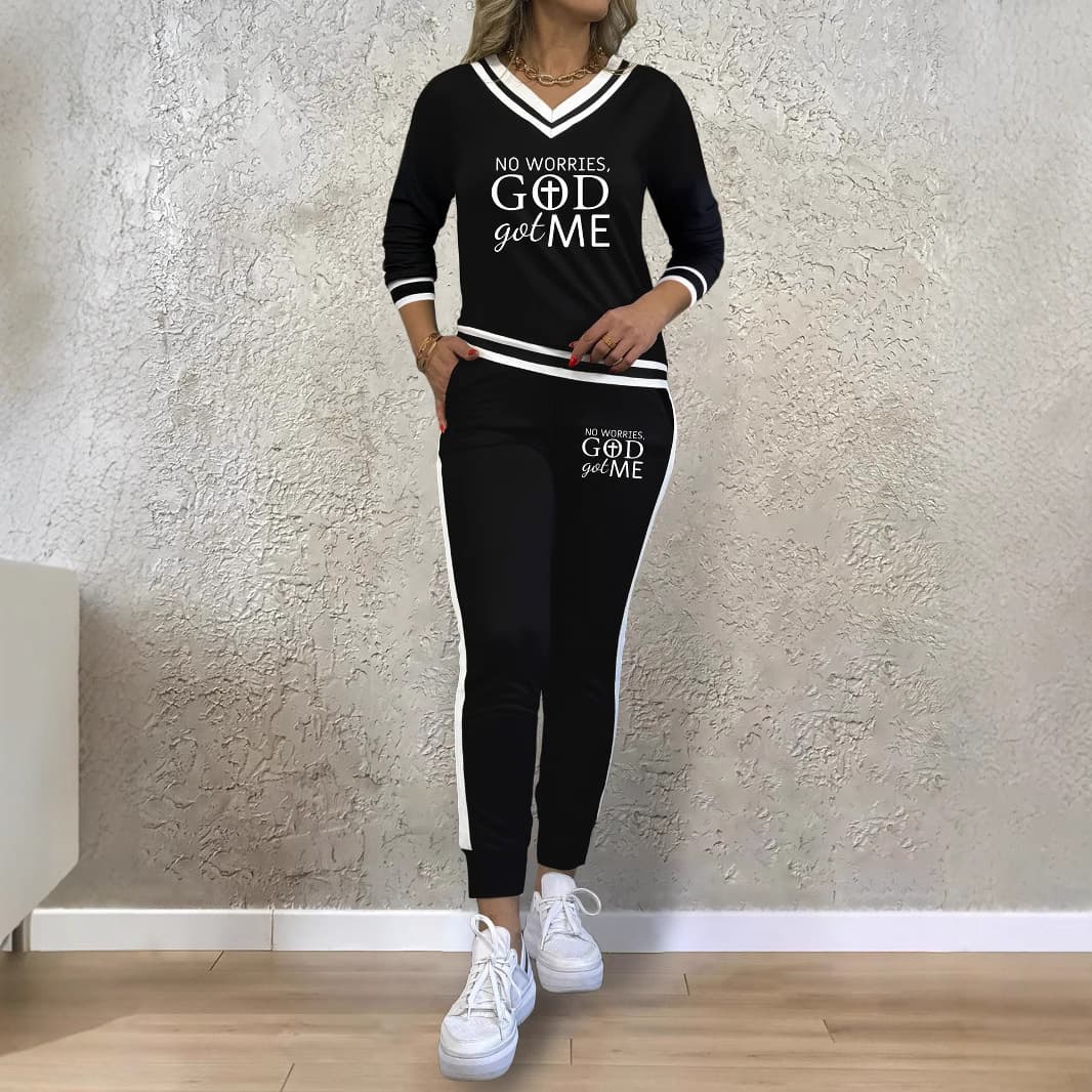 Women's Clothing Women's Suits, All Match Printed Patchwork V Neck Long Sleeved Top With Elastic Waist Pocket Trousers, Two Piece Suit