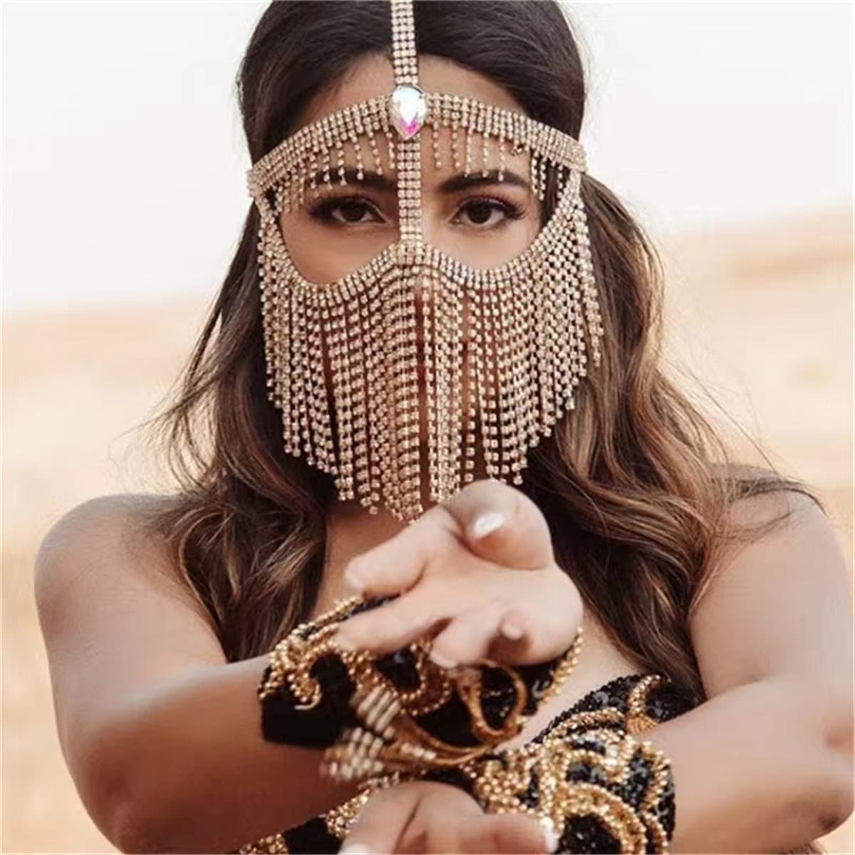 Women's shiny rhinestone long tassel mask jewelry colorful crystal mask dance jewelry accessories