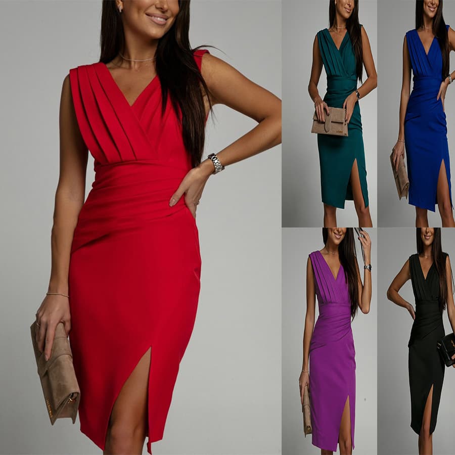 Elegant V-Neck High-Slit Evening Dress – Stretch Polyester Bodycon Midi Dress With Ruffled Hem & Adjustable Waist (S-3XL) – Formal Cocktail Party Gown