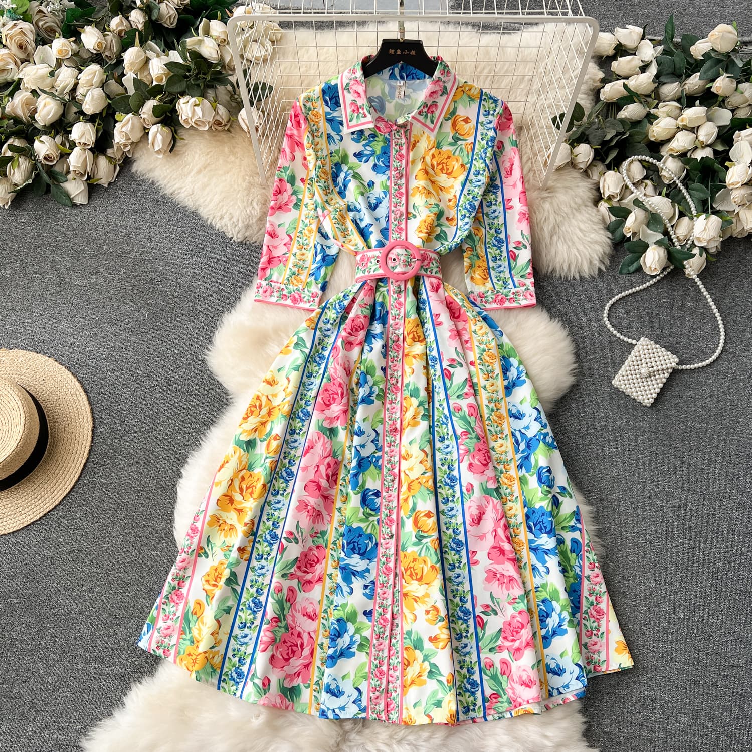 Blossom Series Design Color Block Print Slim Fit Mid-Length Shirt Collar Elegant Dress