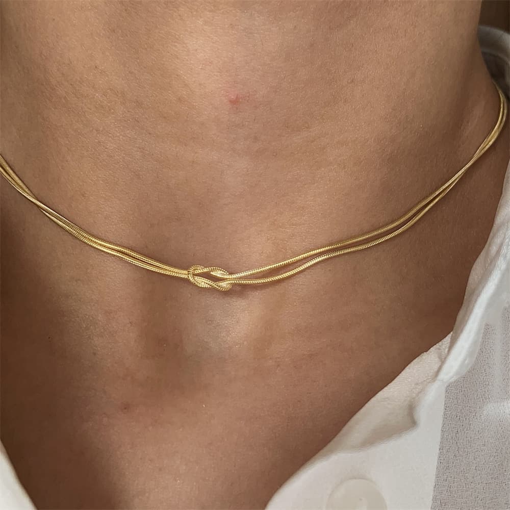 Stainless Steel Valentine's Day Knot Snake Chain Necklace Hand knotted Clavicle Chain Herringbone Bracelet Real Gold Plated Color Preserving Jewelry